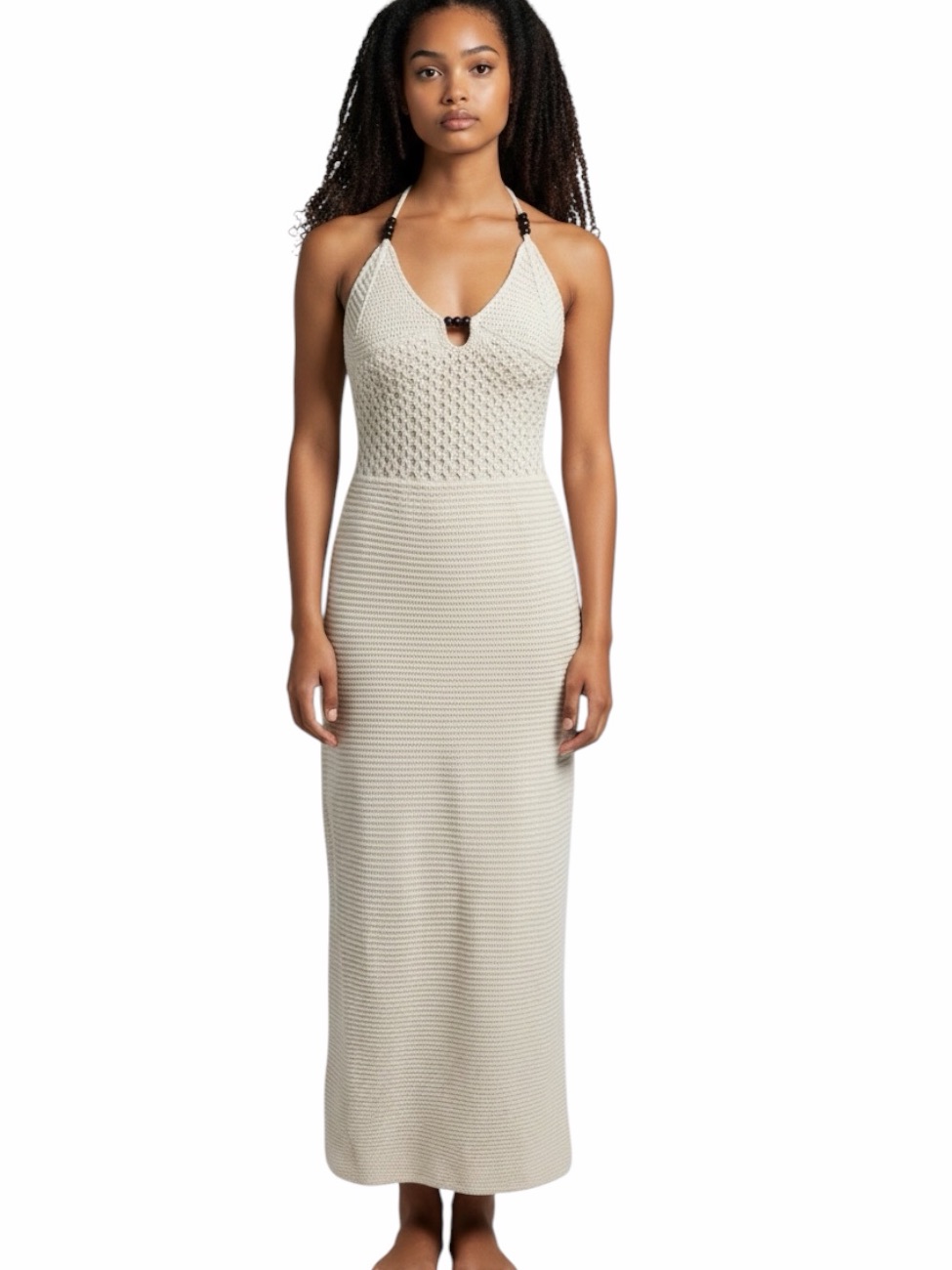 Cream Crochet Knit Halter Maxi Dress Wooden Bead Size L